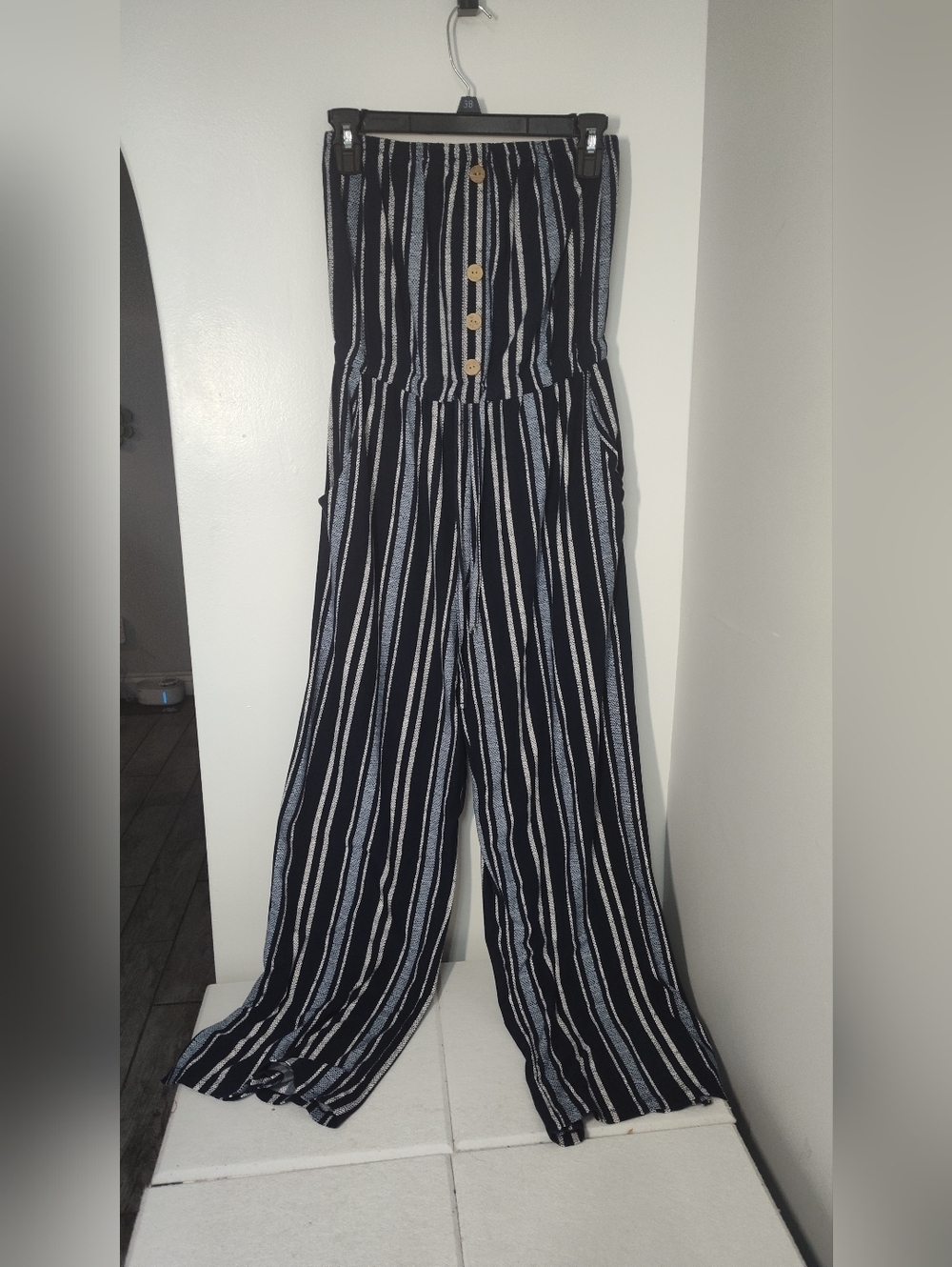 No Boundaries Navy & White Striped Button-Front Jumpsuit #304